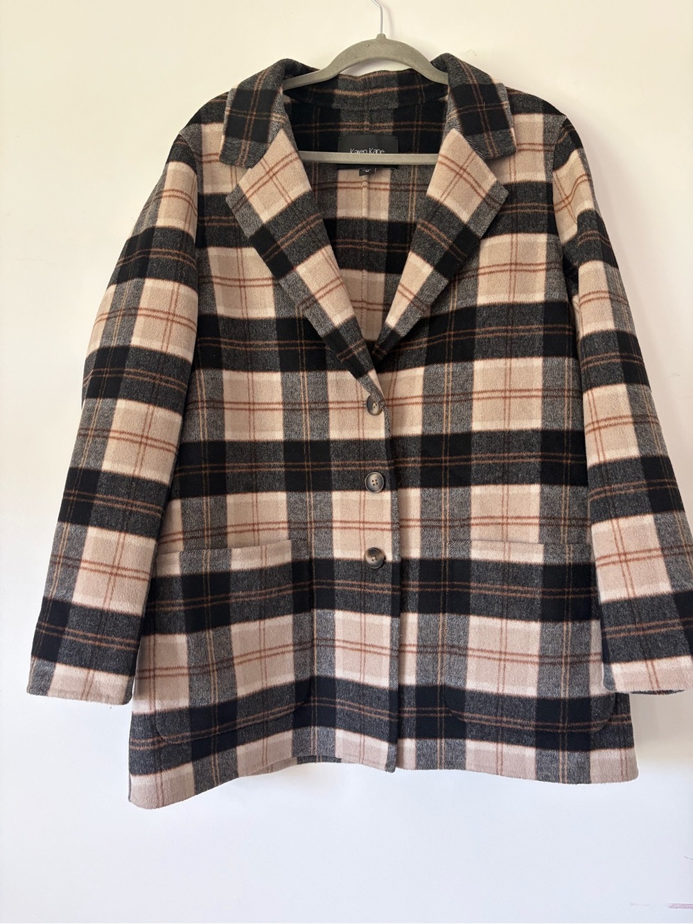 Karen Kane wool blend plaid coat blazer flannel thick knit shacket sz M preppy